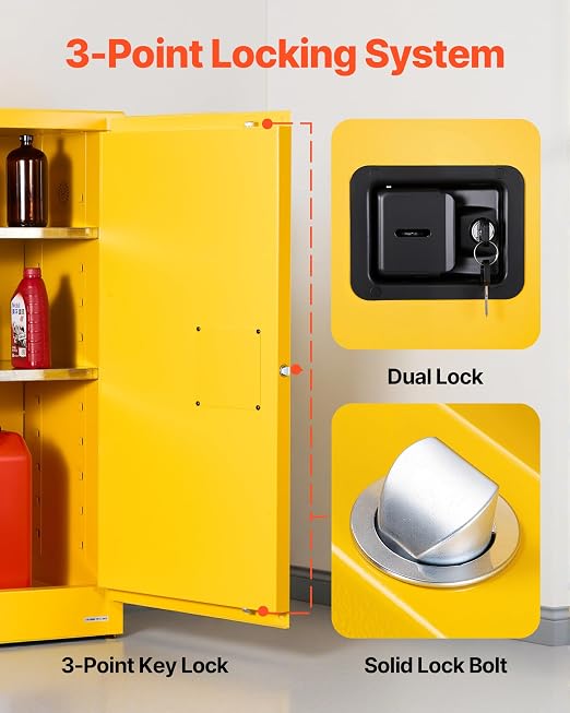 VEVOR Flammable Cabinet 18" x 43" x 46", 29 Gallon Flammable Storage Cabinet with Adjustable Shelf, Cold-Rolled and Galvanized Steel Fire Cabinets, for Commercial Industrial Home Use, Yellow