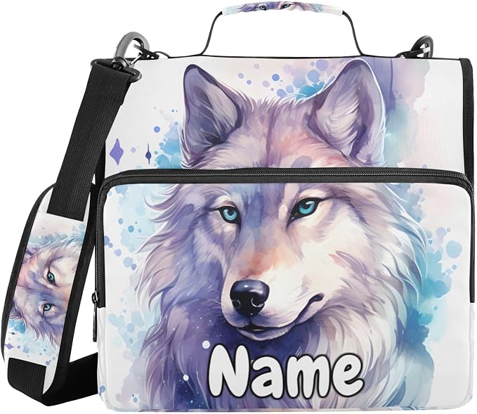 Custom Wolf Watercolor 3 Ring Binder Bag 1.5 inch Personalized Name Binder Organizer 500 Sheet Documents Storage for School Office
