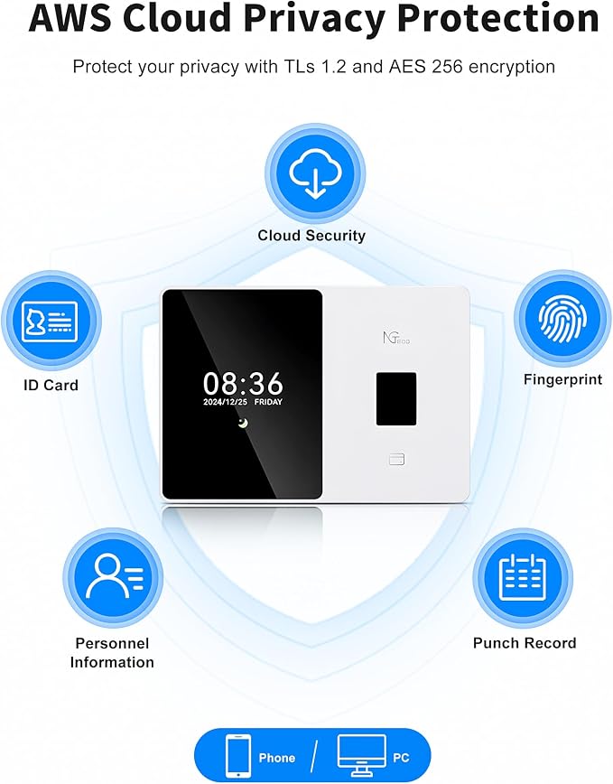 NGTeco Cloud Time Clock for Small Business, Real Remote Access, Auto Report | Employee Time Clock with Fingerprint/RFID Check-in, Customizable Shift, 2.4G/5G WiFi, 2000mAh Battery, 10 Card, 0 Monthly Fee