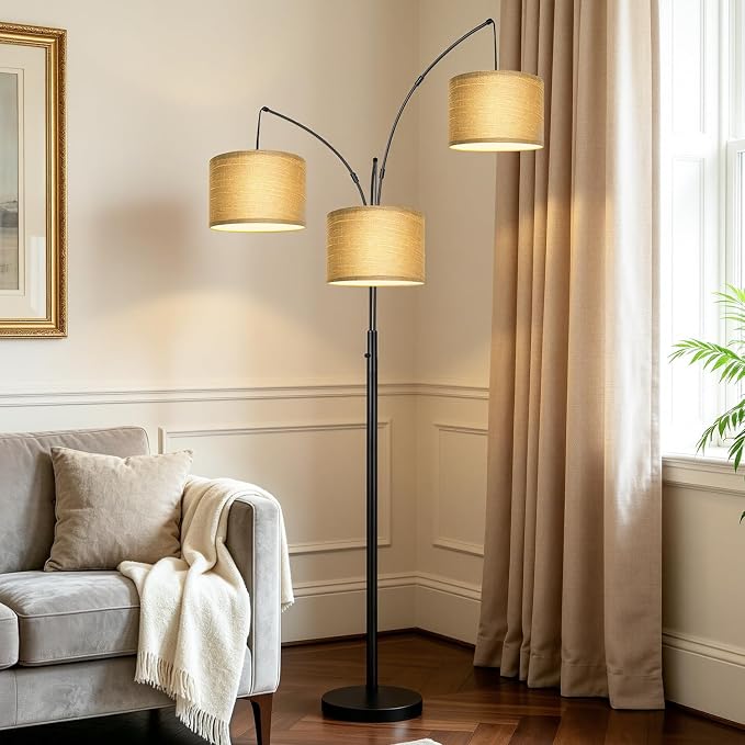 Nintiue Dimmable Floor Lamp - 3 Lights Gold Arc Floor Lamps for Living Room, 1000LM Modern Tall Standing Lamp with Black Shades&Heavy Base,3 LED Bulbs Included-Champagne