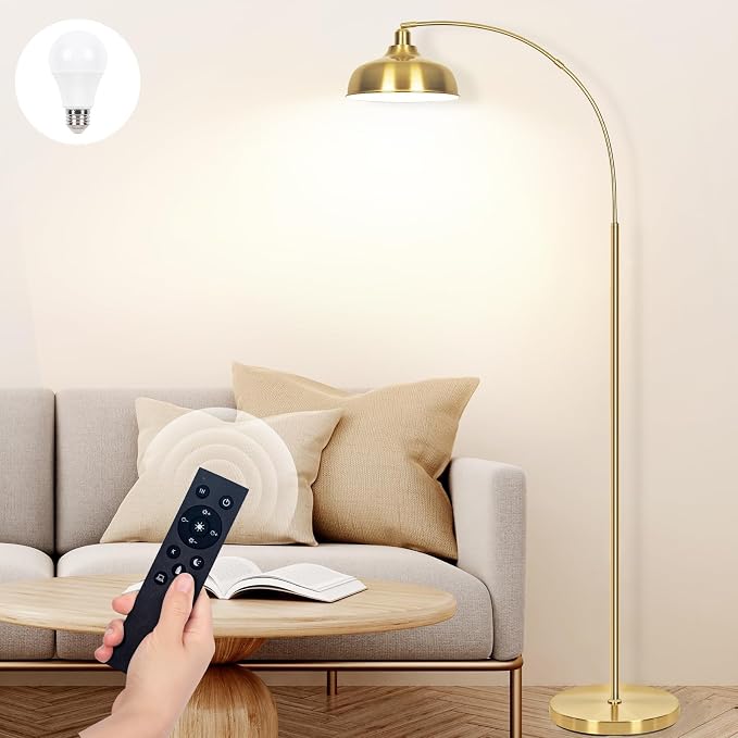 Gold Floor Lamps for Living Room- Arc Floor Lamps over Coach Lamp 70” | Dimmable Floor Lam with 9W Bulb, 360° Adjustable Metal Shade, Remote Control, Gold Mid Century Modern Floor Lamp for Bedroom