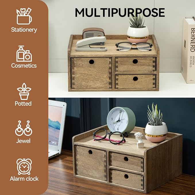 KIRIGEN Wooden Desk Organizer with 3 Drawers and Top Tray, Brown DT1D3C-DBR | 3-Drawer Cabinet with Top Tray Stores Office Supplies, Toiletries, Tools, Crafts, and Small Accessories on Desks or Counters