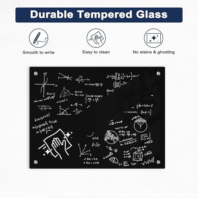 Black Dry Erase Board, 36" x 24" Magnetic Glass Whiteboard for Wall, Black Glass White Board with 1 Marker Tray and 3 Magnets for Office, Home, Classroom