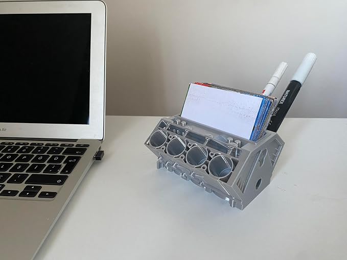 V8 Engine Business Card Holder - Shiny Silver Desk Decoration for Car Enthusiasts | 3D Printed PLA