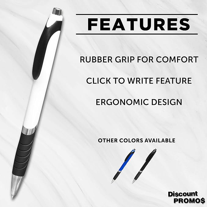 DISCOUNT PROMOS Ballpoint Pens With Rubber Grip - 10 pack - Black Ink Ball Point Pen with Soft Touch Plastic - White