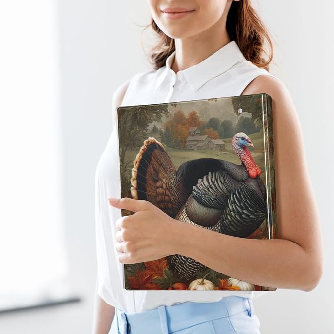 Turkey and Pumpkin Vintage Harvest Binder 3 Ring 1.5 Inch Binder with Clipboard&Pockets, Hardcover Binders Heavy Duty Large File Folder for Office School Supplies - Holds 200 Sheets