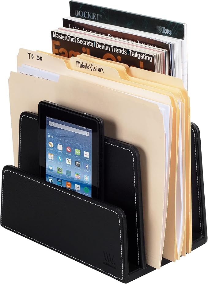 MobileVision Executive Black Desktop File Folder Paper Tray & Device Organizer 5 Slot Dividers