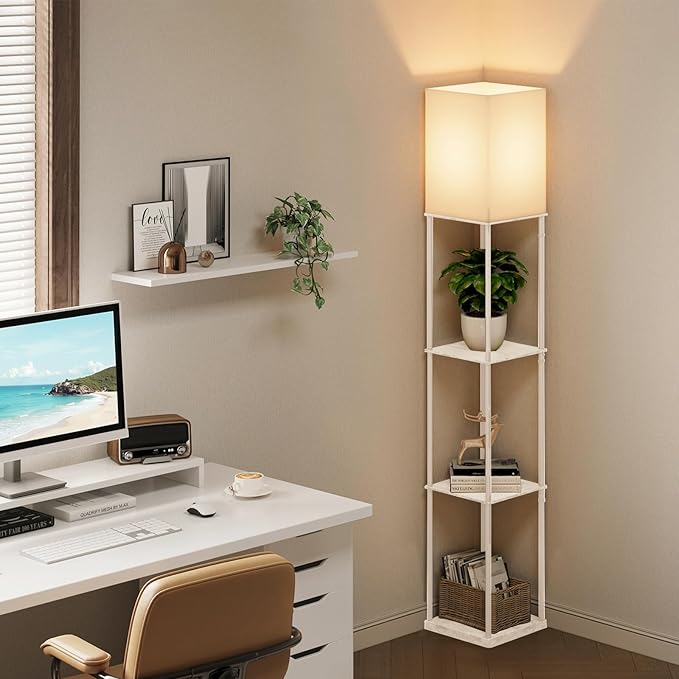 Gupuzm Floor Lamp with Shelves, with Modern Square Standing Lamp with Smart APP Control RGB Bulb, Corner Display Bookshelf Lamp for Living Room, Bedroom and Office (White-9RGB)