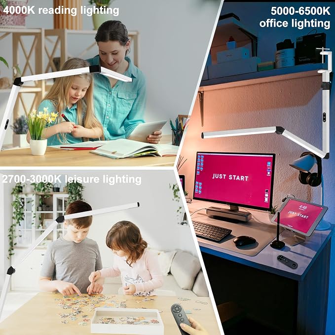 LED Desk Lamp for Home Office, Architect Clamp Desk Lamp with Remote Control, Adjustable Dimmable Swing Arm Clamp on Table Light Clip-on Dual Light 5 Brightness Levels & 4 CCT Modes