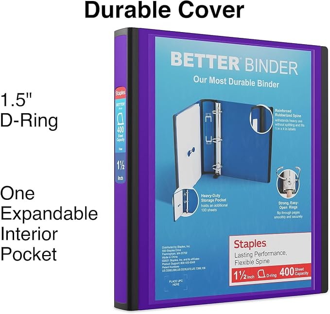Staples Better 1.5-Inch 3-Ring Binder, Purple, Heavy-Duty | Durable binder built for school and office document organization.
