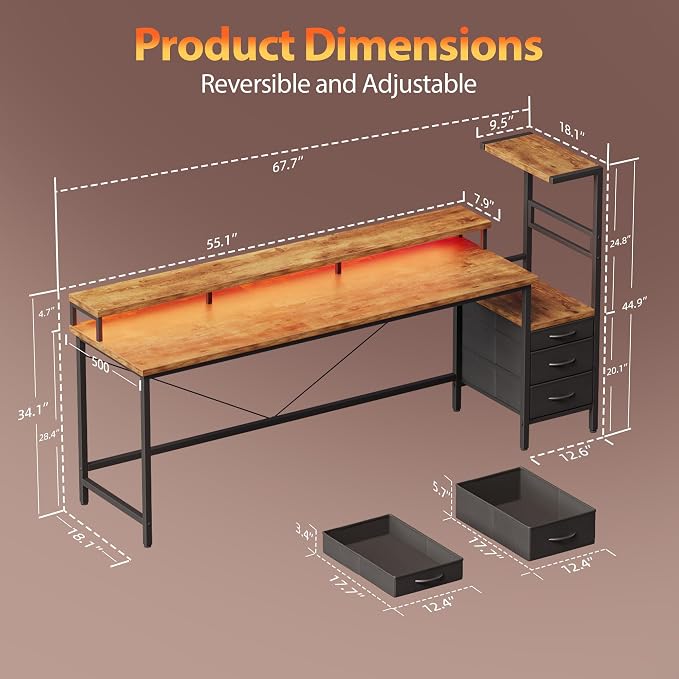 68 inch Gaming Desk with Drawers, Reversible Computer Desk, Brown | Gamer Desk with LED Lights, Power Outlets & Monitor Stand, Large Office Table for Home Bedroom Study Work Writing