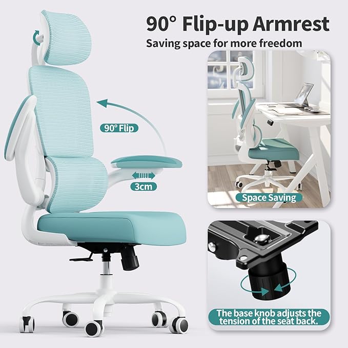 TRALT Office Chair Ergonomic Desk Chair - Gaming Chair with Lumbar Support | 330 LBS Home Office Desk Chairs with Headrest, Reading Chair with Flip-up Armrests, Comfortable Computer Chairs (1, Blue)