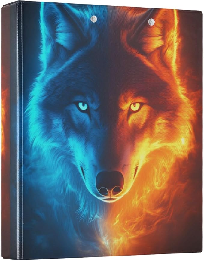 Aslsiy Kids 3 Ring Binder 1.5 Inch Water and Fire Wolf (4) Girls Round Clipboard Binder Decorative Harcover Binders Organizer for Office School Supply