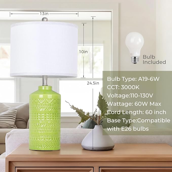 JUNNAI Light Green Ceramic Table Lamp 25 inch 3-Way Dimmable Nightstand Lamp with White Linen Shade Bedside Lamp for Living Room Bedroom Office Reading (Bulb Included)