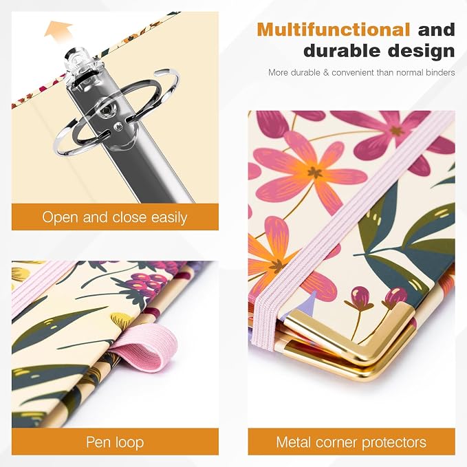 Ospelelf Mini 3 Ring Binder, 2 Inch, Cute Floral Binder for 5.5" x 8.5" with 5 Tab Dividers, File Folder Labels and Low Profile Clipboards