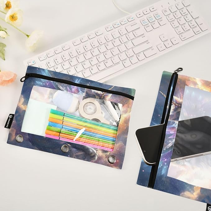 Custom Unicorn Cat with Wings Pencil Pouch for 3 Ring Binder, 2 Pack Personalized Name Waterproof Pencil Bags Clear Window Pencil Case School Office Supplies