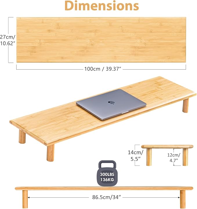 Bamboo Dual Monitor Stand Riser, Natural Desktop Shelf with Storage | 39.37-Inch Wide, Under-Shelf Storage for Keyboard, Mouse and Laptop, Fits Two 24-Inch Monitors in Home Office