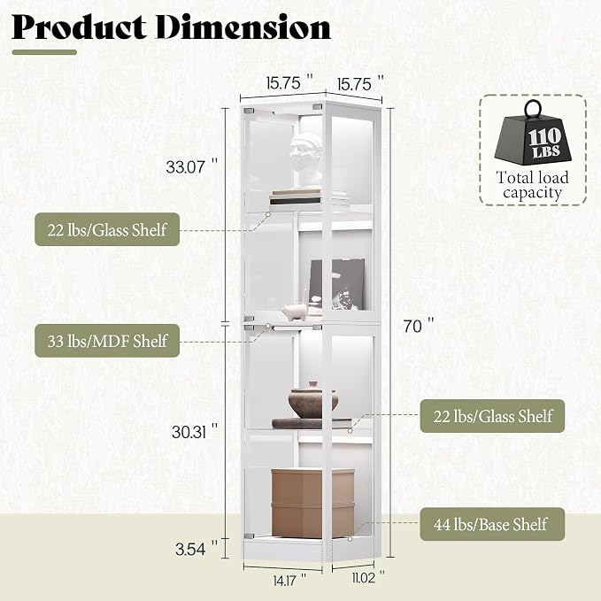 AMERLIFE 16-Inch RGB Display Cabinet | 70 H x 16 W x 16 D In, 4-Tier Storage, Adjustable Shelves, RGB LED Lights, for Collectibles, White