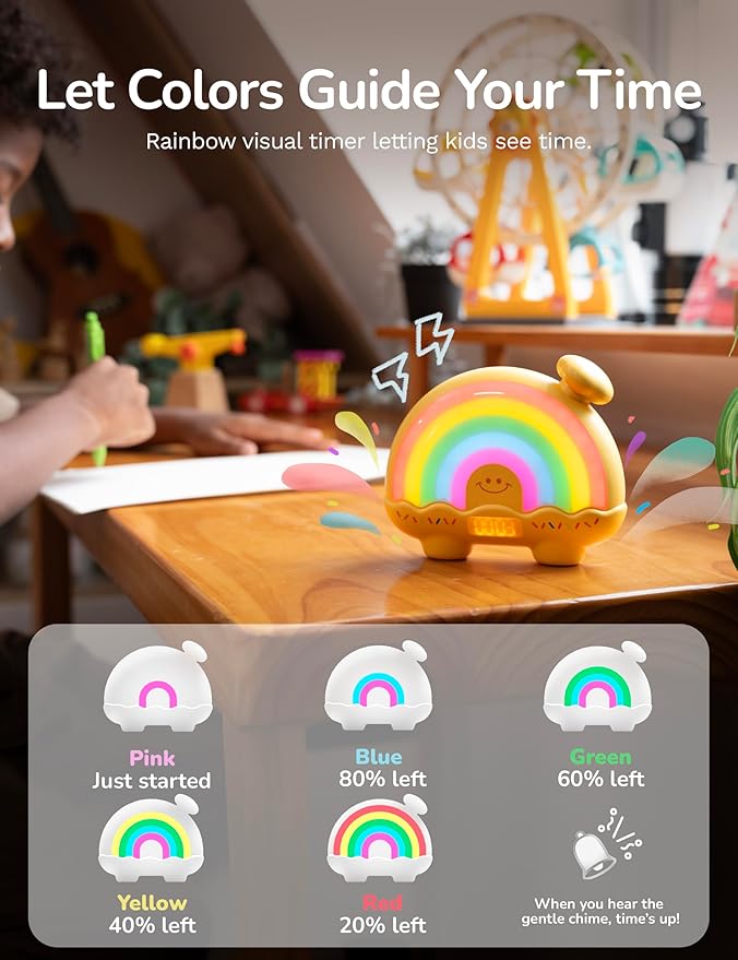 Timer Pal Rainbow Timer for Kids, Visual Timer for Kids with Night Light, Color-Changing Magnetic Visual Timer for Classroom/Calming Corner/Home (Yellow)