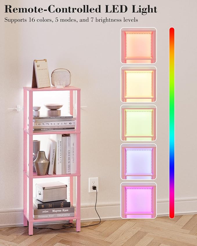 Open Book Shelf with LED Lights, 4 Tier Small Bookshelf, Freestanding Shelf Narrow Bookcase with Open Shelves, 14.96" x 10.63" x 41.26", Book Shelves for Living Room, Office, Study, Pink