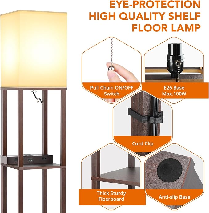 Shelf Floor Lamp with Wireless Charger, USB, Type C, AC Port,Brown | Fast Charging USB Ports & Type C Port & 2 Power Outlets, 3 Tier Storage Shelf Lamp, E26 Base, 60W Max(Bulb Not Included)