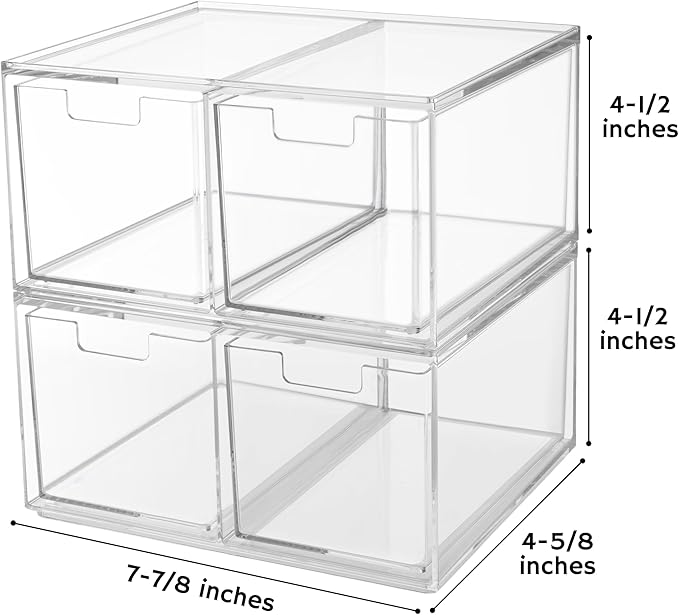 STORi Stackable Desk Organizer drawers, Clear Pen Pencil Makeup Brush drawers for Desktops and Vanities, 4 Tall Drawers (Made in USA)