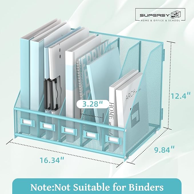 Desk Organizers Metal Desk Magazine File Holder with 5 Vertical Compartments Rack File Organizer for Office Desktop, Classroom, Home Workspace, Blue