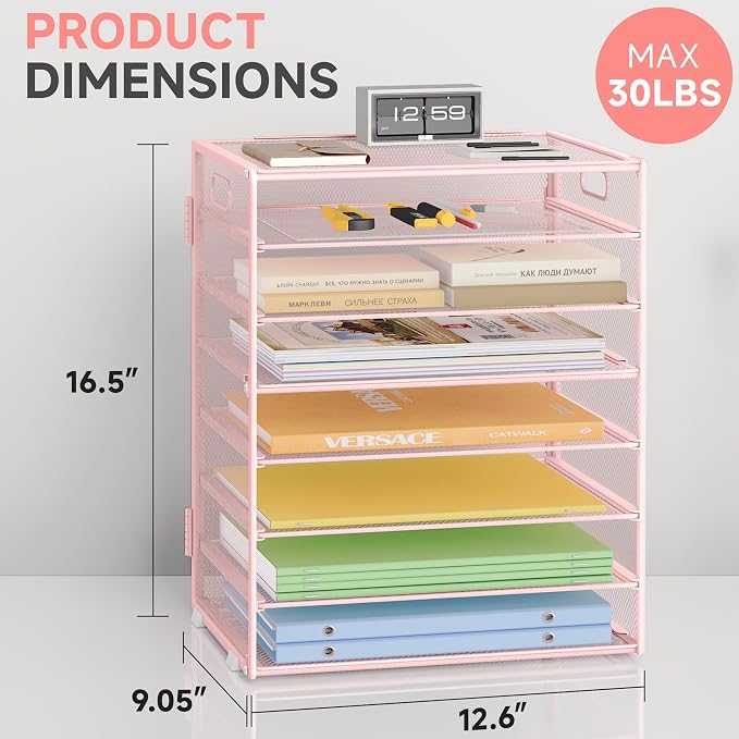 Paper Organizer with Handle Metal Mesh File Sorter Large Capacity Desk Organizers Paper Letter Tray Desktop Document Sorter for Office or Home2 Pack 8 Tier Pink Storage for Desk