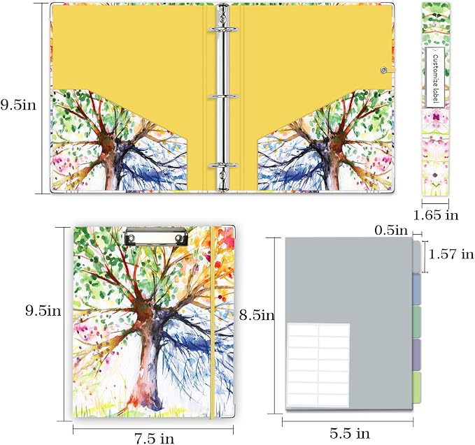 Mini 3 Ring Binder 1 Inch for 5.5"x8.5" Paper, Small Three Ring Binders with Clipboard,5-Tab Dividers,Interior Pocket, Spine ID Label Holder, BVSSX A5 Binder with Pen Holder,Season Tree
