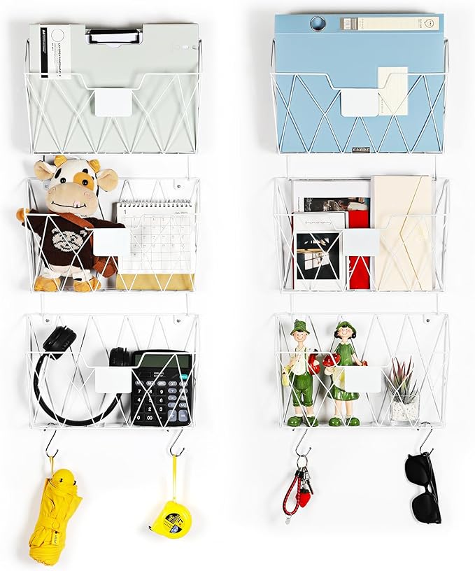 Wall File Organizer for Office, 6 Pack Metal Wall Baskets Wall File Holder | Hanging File Organizer with Hooks, Tag Slot, Mail Organizer Wall Mounted, Paper Document Magazine Organizing, Save Space