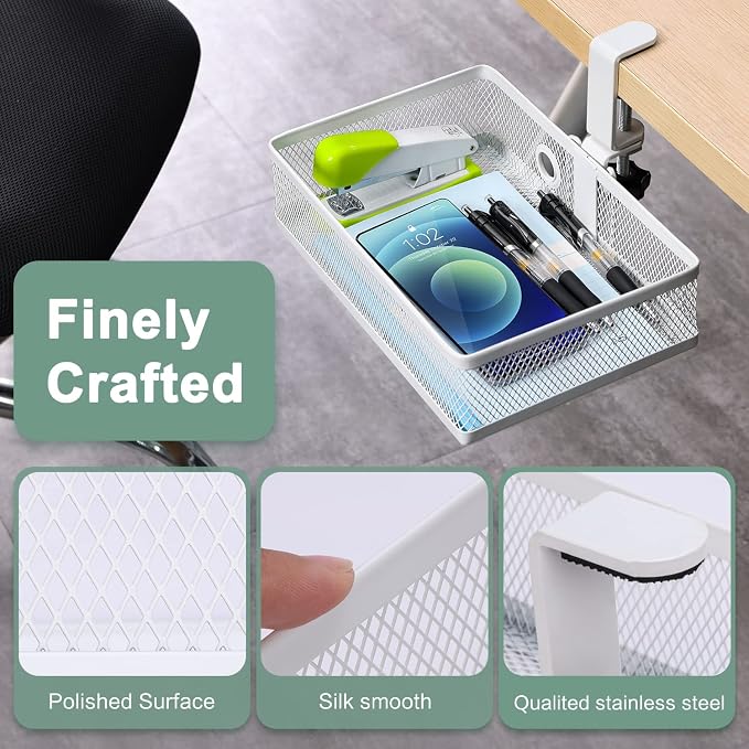 ROSYLINE Under Desk Storage Basket Hanging Drawer Tray, Clamp On Organizer | Thickened C-Clamp, High Load No Deformation Sag-Proof, Steel Construction, Clip-On No Drill Mount, Office & Household Storage