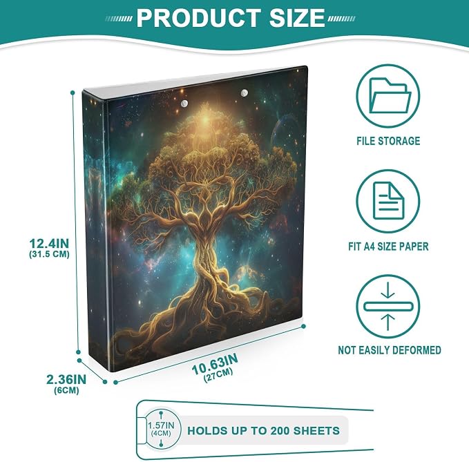 3 Ring Binder Retro Tree of Life 1.5 Inch Three Ring Binder | Cute Binder with 3 Storage Pockets for Women School Office Supplies