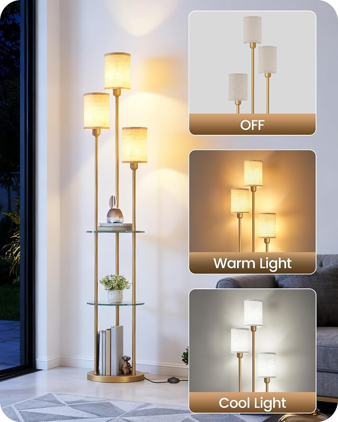 Floor Lamp with Shelves, Modern Floor Lamp with 3 Linen Shades and Foot Switch, 3-Light Standing Lamp, for Living Room, Bedroom, Study, Office, Gold and Beige ED53LD05