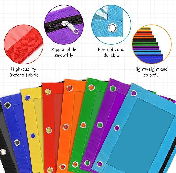 IKAYAS 40 Pack Pencil Pouch for 3 Ring Binder with Zipper, 8 Colors | Pencil Pouches Pencil Bags for Classroom bulk Pencil Box Pencil Case for Storing School Students Teacher Supplies