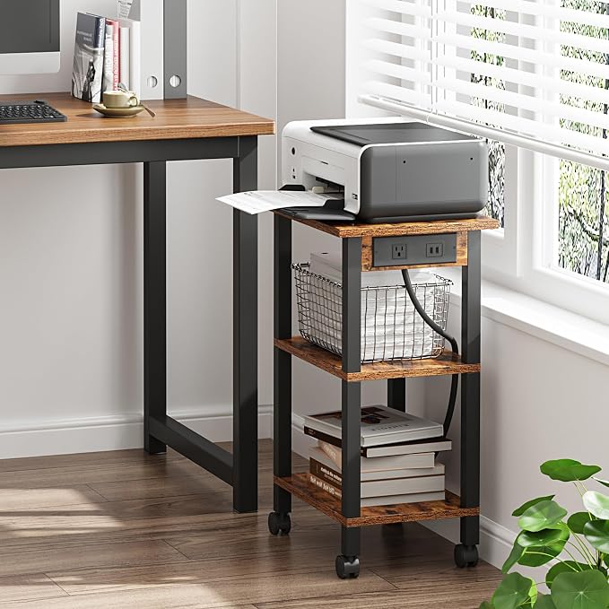 TUTOTAK Printer Stand, 3 Tier Rolling Printer Cart with Charging Station | Small Under Desk Printer Table with Wheels for Small Space, Office, Home, Brown PS02BB001