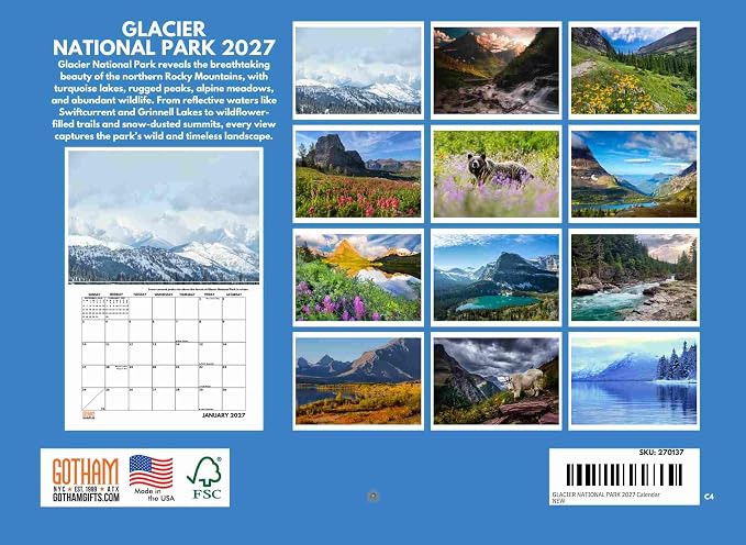 Glacier National Park Calendar 2027 Monthly Wall Calender Montana Nature 12 Month | American Made In The USA