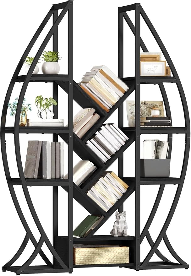 DWVO Oval Bookshelf, Triple Wide 5 Tier Etagere Bookcase, Industrial Display Shelves for Living Room, Bedroom, Home Office, Black
