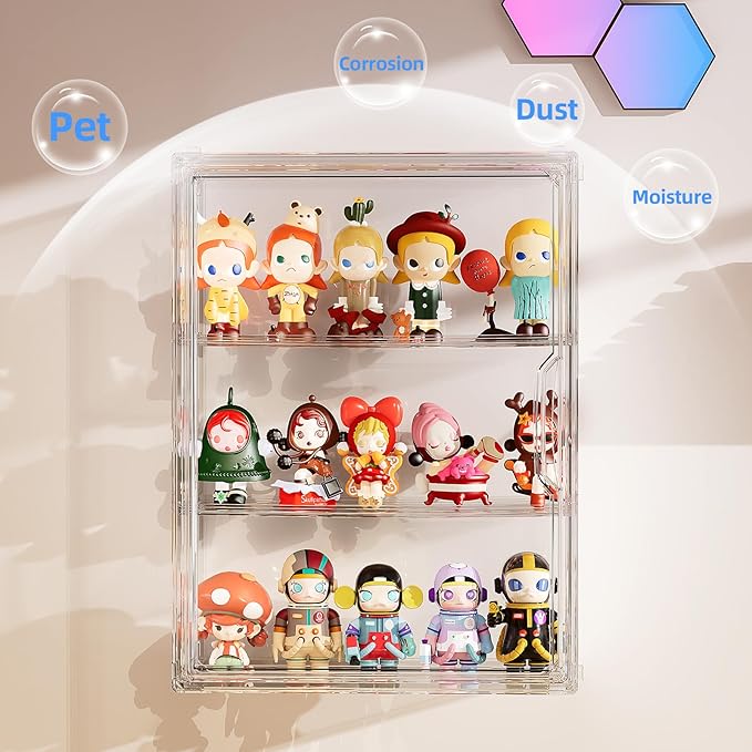 JOYZAN Acrylic Display Case for Collectibles, 2 Packs 3 Tiers Clear Display Case for Figures, Wall-Mounted Storage Box with Magnetic Door, Adjustable Figurine Display Shelf Dust-Proof Showcase