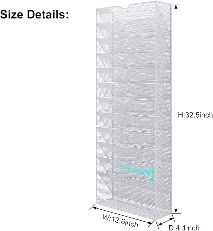 Hanging Wall File Organizer,13-Tier Desk File Mail Holder, Paper Bill Organization For Office Home School, White