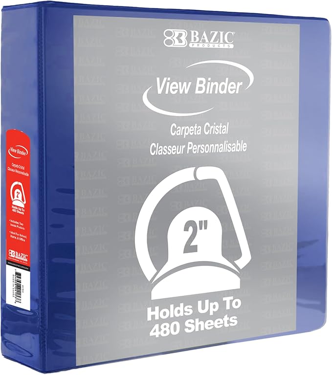 BAZIC Products 2" Blue 3-Ring View Binder, Slant-D Ring, 2 Pockets | 2 inside pockets, 2 in Blue view 3-ring binder, slant-D rings, holds up to 480 sheets, Durable poly cover