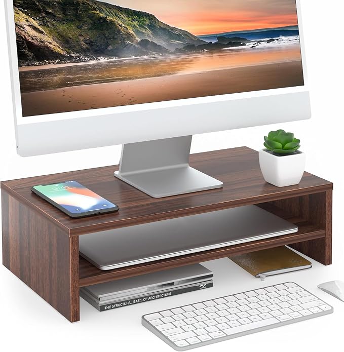 FITUEYES Wooden Monitor Stand Riser, 2-Tier Desk Storage Shelf, Brown | 16.7-Inch Desktop Organizer Fits Laptop, Computer Screen and Office Supplies