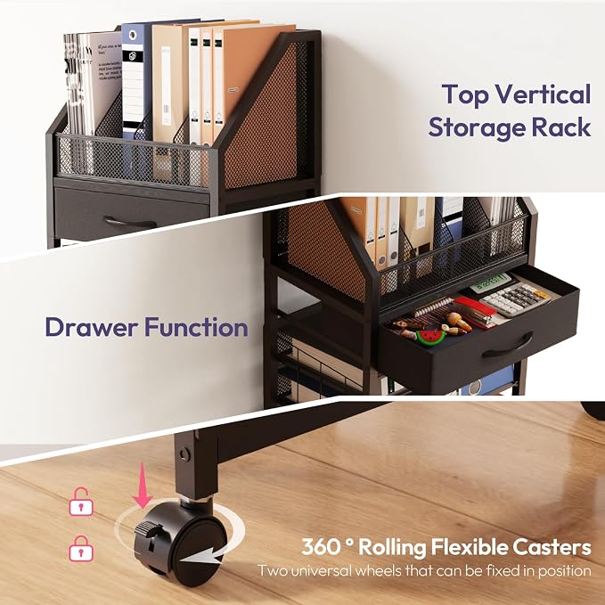 SWTYMIKI 9-Tier Rolling File Cart - Paper Organizer with Drawer and Trays, Wood Desk Office Organizer, Office Organization and Binder Storage for Workspace, Home, School, Black