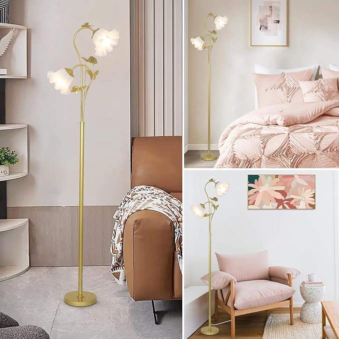 HMVPL Gold Floor Lamp for Living Room, Flower Standing Lamp with 2 LED 5W Blubs, Foot Switch, Floral Tall Lamp with Acrylic Shade, Antique Lotus Flower Floor Lamp for Living Room Office Reading