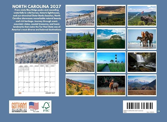 North Carolina Calendar 2027 Monthly Wall Calender 12 Month