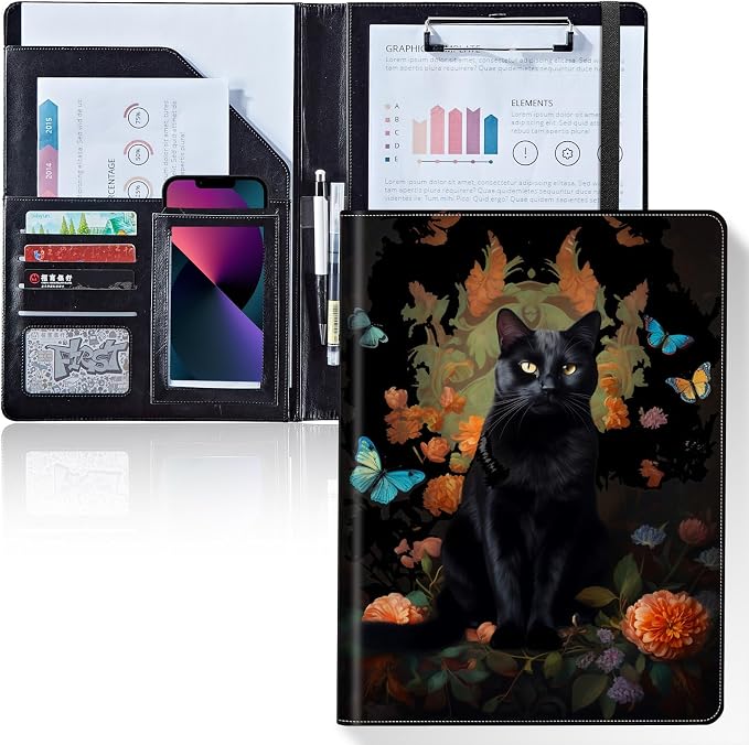Padfolio/Portfolio Folder Clipboard,Padfolio Clipboard,Writing Portfolio Leather with Cover for Card Holder Slot Letter Size A4 for Office Conference Notepad Clip Boards,Black Cat Butterfly Flowers