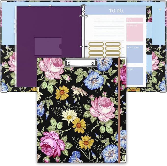 3 Ring Binder, 1 Inches Round Ring Binder with Clipboard, Dividers Tabs, PVC Zipper Bag Sleeves & to Do List Planners for Women, Men, School, Office Supplies, Flowers