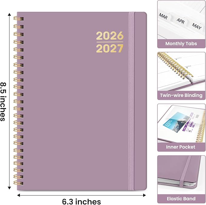 Taja Planner 2026-2027, Jul 2026-Jun 2027 Monthly & Weekly Calendar Book | 6.3" x 8.5", Hardcover Academic Calendar with Tabs, Teacher Student Agenda Book for School Office Supplies - Boho Purple