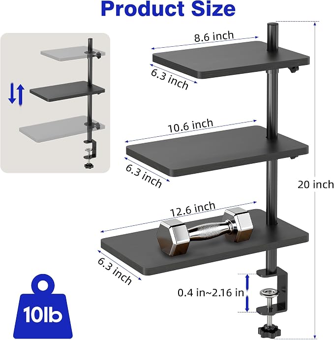 3 Tiers Clamp On Desk Shelf, 360° Angle Adjustable Desktop Shelf Organizer for Home Office Gaming Room, No Drill Desk Extender Adapt to 0.4-2.16 inches Table Thick, Black Brown