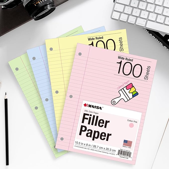 Kaisa Filler Paper Colored loose Leaf Paper, Wide Ruled 8x10.5in Colored Paper, 3-Hole Punched for 3-Ring Binders,100Sheets/pack 4Packs, FC10001W