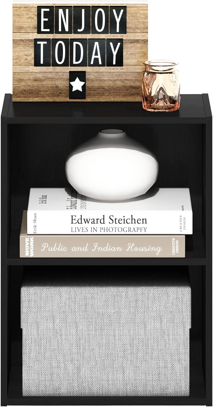Furinno LUDER 2-Tier Book Shelf, Open Shelves Bookshelf, Blackwood | 9 x 16 x 21, Closed Back, Modern Bookcase, for Living Room, Bedroom, Home Office